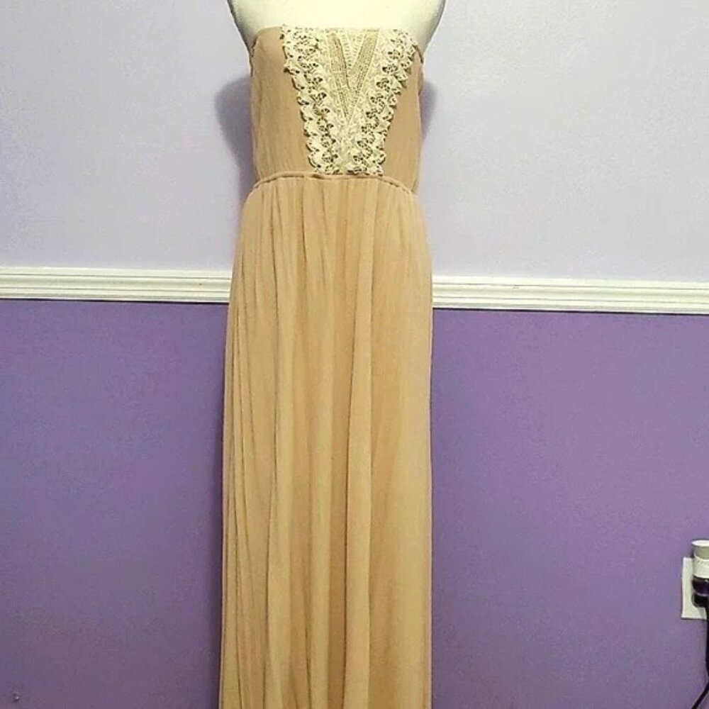 ILove Cream Boho Romantic Laced Gauzy Strapless Wedding Party Maxi Dress L